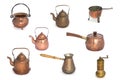 Collage of copper kettles and pots on a white background Royalty Free Stock Photo