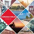 Collage Coronavirus Covid-19 World epidemic. Quarantine. Stop Travel. Stay Home. Travel Restrictions. World Travel Destination