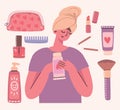 Collage of cosmetics and body care products around girl with towel. You are beautiful card. Lipstick, lotion, hair comb, powder,