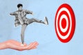 Collage creative illustration image monochrome effect serious young concentration man kick target darts game fight