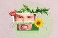 Collage creative illustration poster angry upset aggressive young man frame fresh flower lips kiss leaf unusual colorful Royalty Free Stock Photo