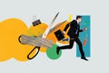 Collage creative illustration poster serious hurry speed young man fast run jump thumbtack scissors large exclusive