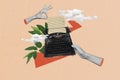Collage creative picture of hands holding mechanical retro keyboard journalist typewriter antique document isolated on