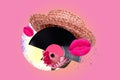 Collage creative poster illustration exclusive creative sketch straw hat half vinyl plate flower lips sketch draw