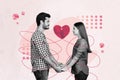 Collage creative poster monochrome effect young beautiful happy couple hold hands look each other eyes love bound