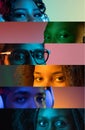 Collage of cropped male and female eyes placed on narrow stripes in neon lights. Royalty Free Stock Photo