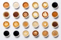 Collage of cups with tasty coffee on white background. Top view. Generative AI