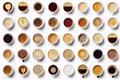 Collage of cups with tasty coffee on white background. Top view. Generative AI