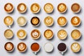 Collage of cups with tasty coffee on white background. Top view. Generative AI