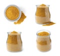 Collage with curry powder in glass jar on white, different sides Royalty Free Stock Photo