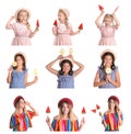 Collage of cute girls with lollypops on white