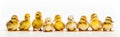 Collage of cute yellow ducklings isolated on a white background. Panorama of newborn baby ducks, can be used as banner