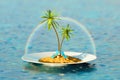 Collage 3d beautiful ocean view rainbow over miniature dish plate sunbed chill palm trees resort alone island isolated Royalty Free Stock Photo