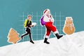 Collage 3d image of pinup pop retro sketch of energetic walking santa claus schoolgirl uniform backpack snow new year