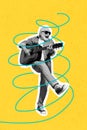 Collage 3d image of pinup pop retro sketch of funny funky retired old man dancing playing guitar singer musician have Royalty Free Stock Photo