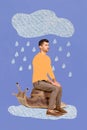 Collage 3d image of pinup pop retro sketch of funny funky sad depressed man sitting snail rainy cloud feel .unhappy