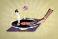 Collage 3d image of pinup pop retro sketch of funny funky young woman dancing vinyl record dj emcee hand listen Royalty Free Stock Photo