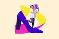 Collage 3d image of pinup pop retro sketch of funny funky young woman have fun cheerful hold gift present shoes heels