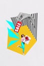 Collage 3d image of pinup pop retro sketch of funny girl hold gift hand hold sale shopping tag fantasy billboard comics