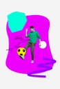 Collage 3d image of pinup pop retro sketch of funny man playing football kick soccer ball weird freak bizarre unusual