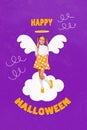 Collage 3d image of pinup pop retro sketch of innocent cute charming little girl cloud sky angel happy halloween costume Royalty Free Stock Photo