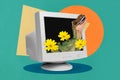 Collage 3d image of pinup pop retro sketch of scary dinosaur flowers inside oldshool monitor isolated painting