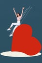 Collage 3d image of pinup pop retro sketch of sliding big heart funny girl valentine day dating concept weird freak