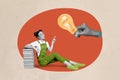 Collage 3d image of pinup pop retro sketch of smart clever lady pointing lamp having great idea plan isolated painting