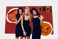 Collage 3d image of pinup pop retro sketch of three gorgeous stunning females vampires witches bloody demons halloween