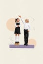 Collage 3d image of pinup pop retro sketch of together two best friends little boy girl schoolkids have fun pile books Royalty Free Stock Photo