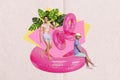 Collage 3d image of pinup pop retro sketch of two handsome young male summer vacation sea pink inflatable rings travel
