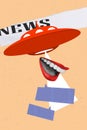 Collage 3d image of pinup pop retro sketch of woman talking big mouth kidnap ufo aliens supernatural broadcasting news