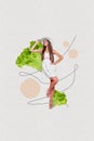 Collage 3d image sketch of beautiful attractive girl eating natural organic food preparing to summer journey vacation