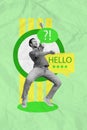 Collage 3d pinup pop retro sketch image of funny funky guy chatting hello sms isolated painting background
