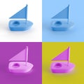 Collage of 3D rendered minimalistic sailboat in four different vibrant colors