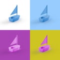 Collage of 3D rendered minimalistic sailboat in four different vibrant colors