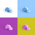 Collage of 3D rendered minimalistic simple cars in four different vibrant colors