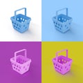 Collage of 3D rendered plastic shopping baskets in four different vibrant colors