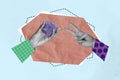 Collage 3d sketch image of arms hands playing rock scissors paper game isolated painting background