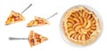 Collage with delicious peach pie on white background