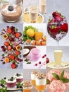 Collage depicting natural healthy fruit drinks, desserts and smoothies. Proper nutrition. Royalty Free Stock Photo