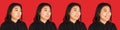 Development of emotions of young Asian girl isolated on red background. Royalty Free Stock Photo