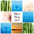 Collage of different beautiful pictures and text Mind, Body, Soul. Royalty Free Stock Photo