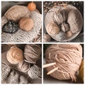 Collage of different color knitting threads