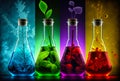 Collage with different colored flasks with plants inside them with colourful backgrounds. Created with Generative AI Royalty Free Stock Photo