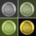 Collage from different colored round ceramic plates with spiral pattern