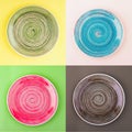 Collage from different colored round ceramic plates with spiral pattern