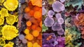 A collage of different colored sporangia ranging from bright yellow and orange to deep purples and greens highlighting