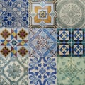 Collage of different colorful pattern ceramic tiles from facade of old houses in Lisbon Portugal. Set of portuguese
