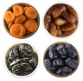 Collage of different dried fruits. Dried prunes, dried apricots and dates isolated on white background. Top view. Dried fruits iso Royalty Free Stock Photo